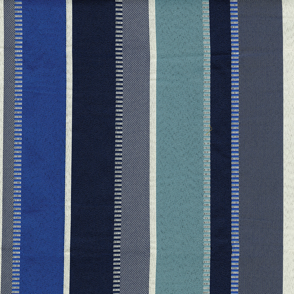 Vertical striped woven fabric in blues and teals with navy and white accents; textile swatch for upholstery or apparel