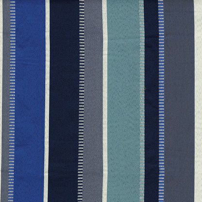 Vertical striped woven fabric in blues and teals with navy and white accents; textile swatch for upholstery or apparel