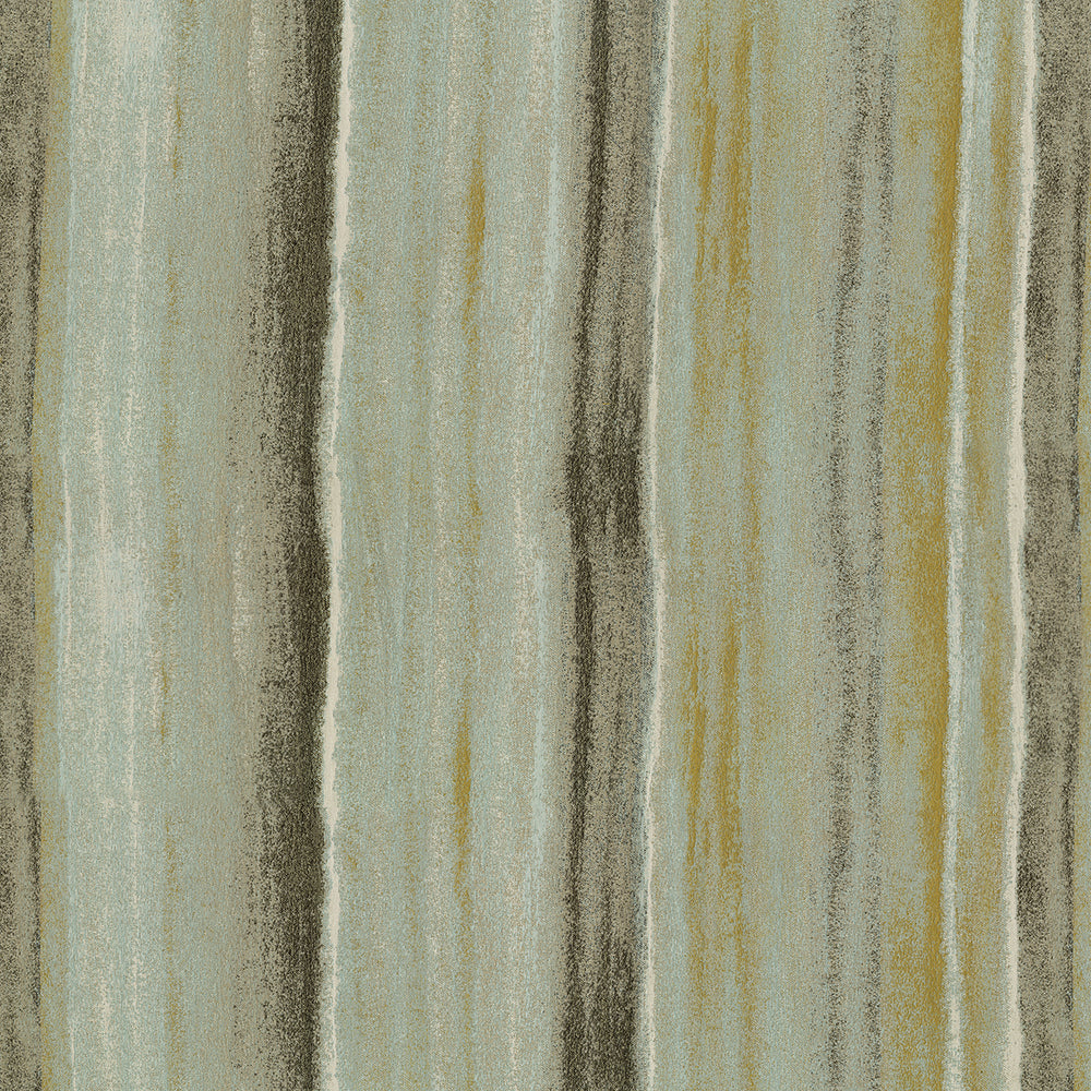 Abstract vertical stripe fabric in muted greens, browns, beige and gold; versatile pattern for upholstery or drapery.