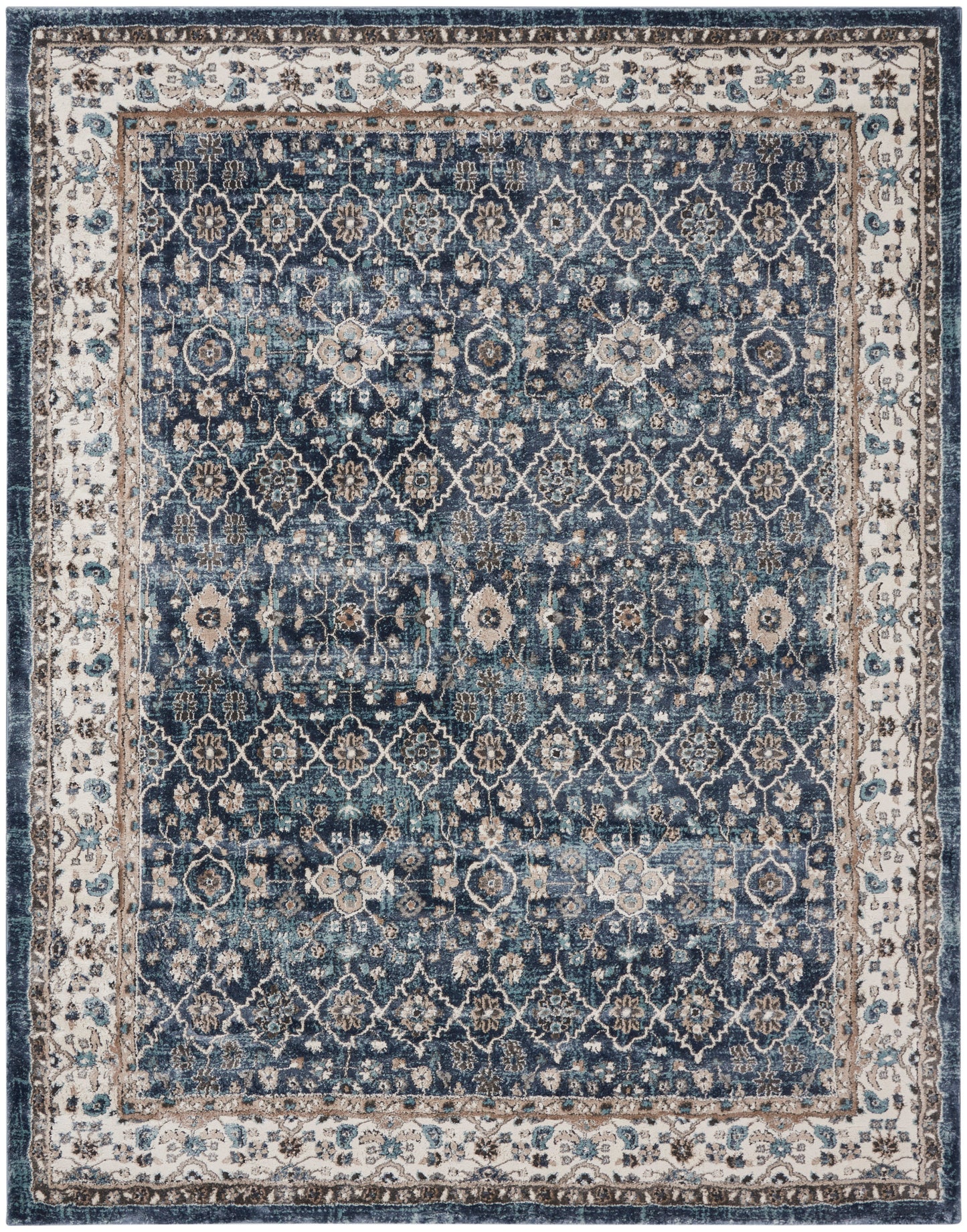 Blue Persian-style rug with ivory floral lattice patterns and a pale beige border, 8' x 10'.