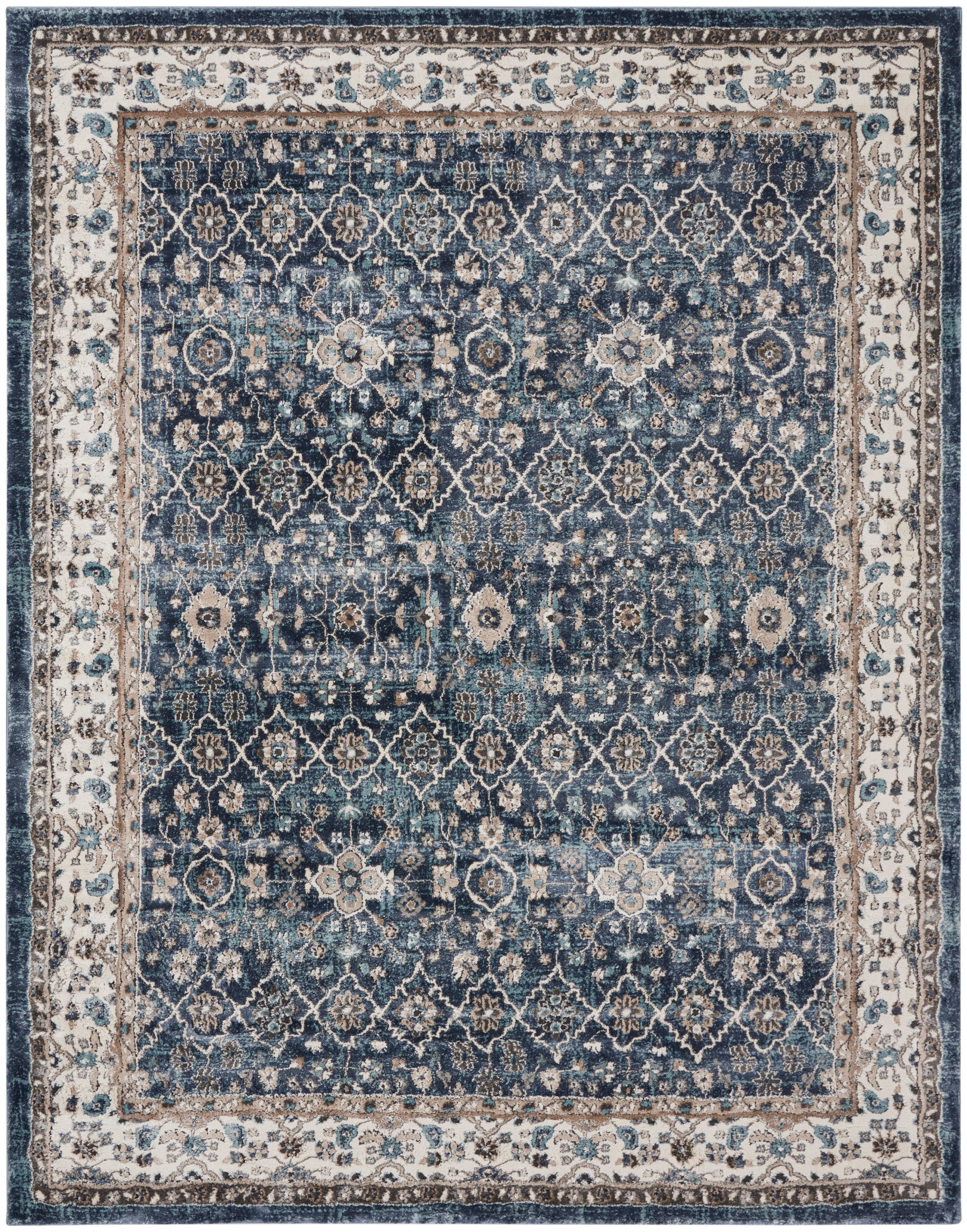Blue Persian-style rug with ivory floral lattice patterns and a pale beige border, 8' x 10'.