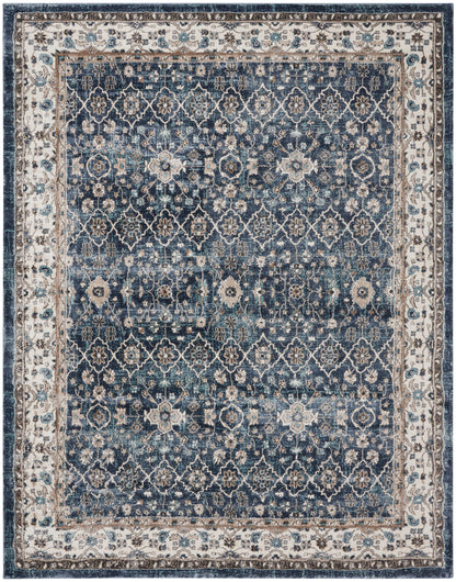 Blue Persian-style rug with ivory floral lattice patterns and a pale beige border, 8' x 10'.
