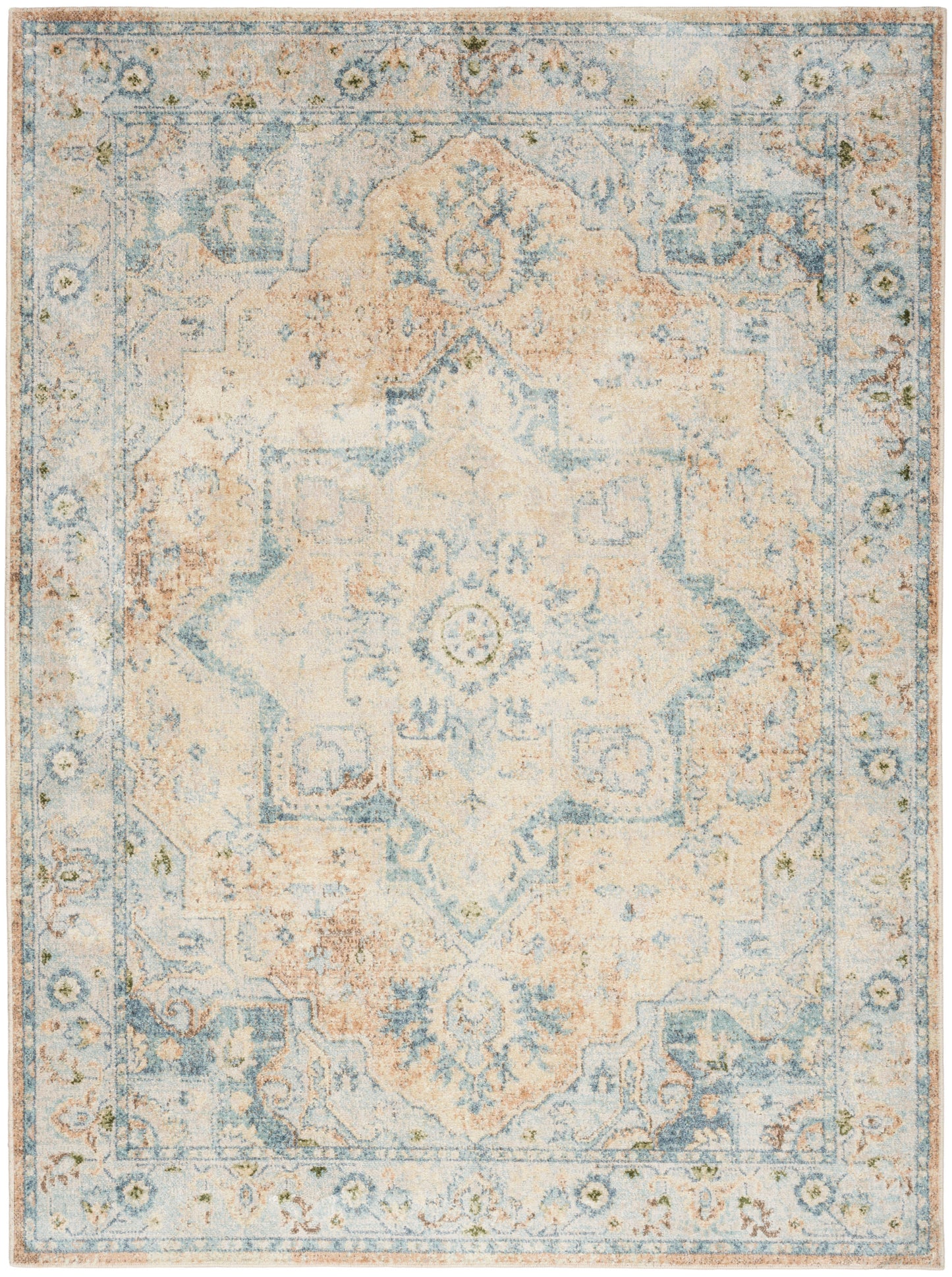 Rectangular vintage-style area rug with faded blue, peach and ivory medallion pattern and ornate border.