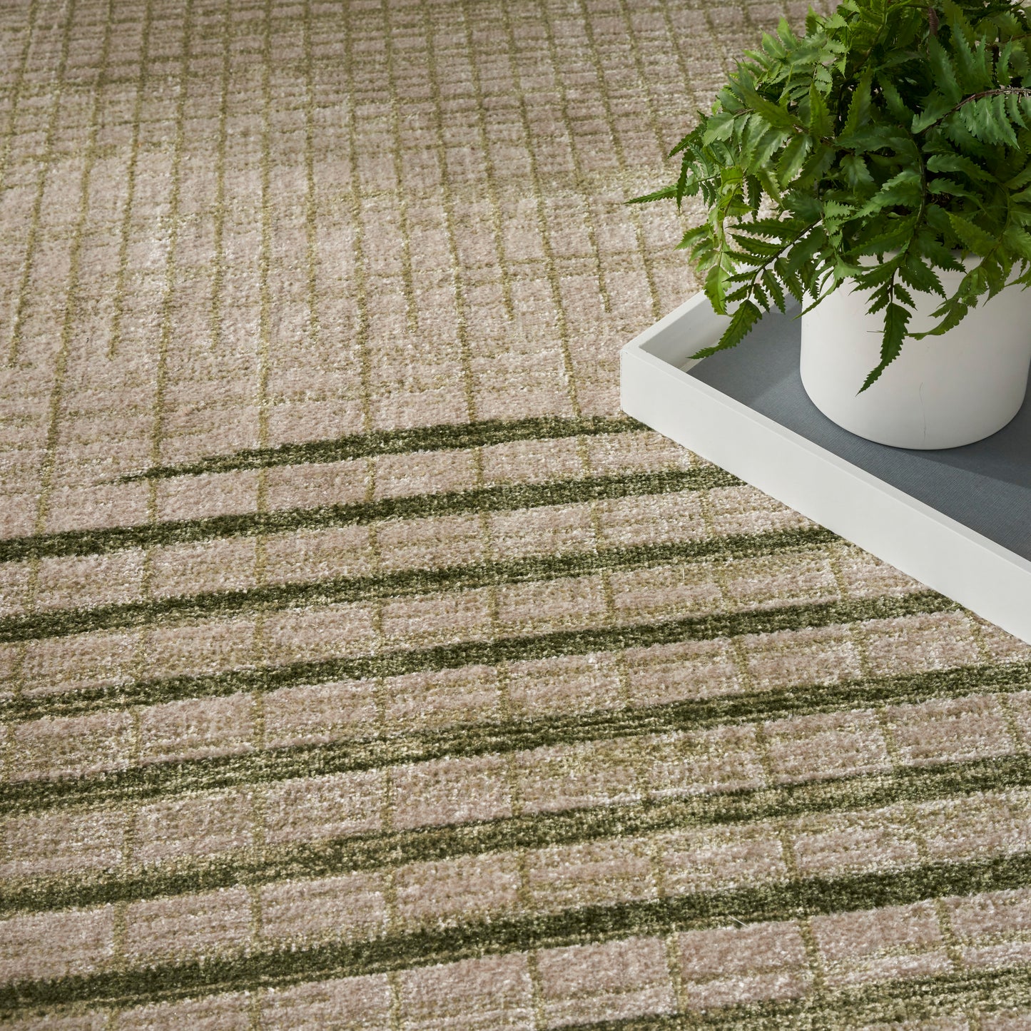 Beige textured rug with dark brown grid lines, accented by a white planter on a gray tray in a modern home decor setting.