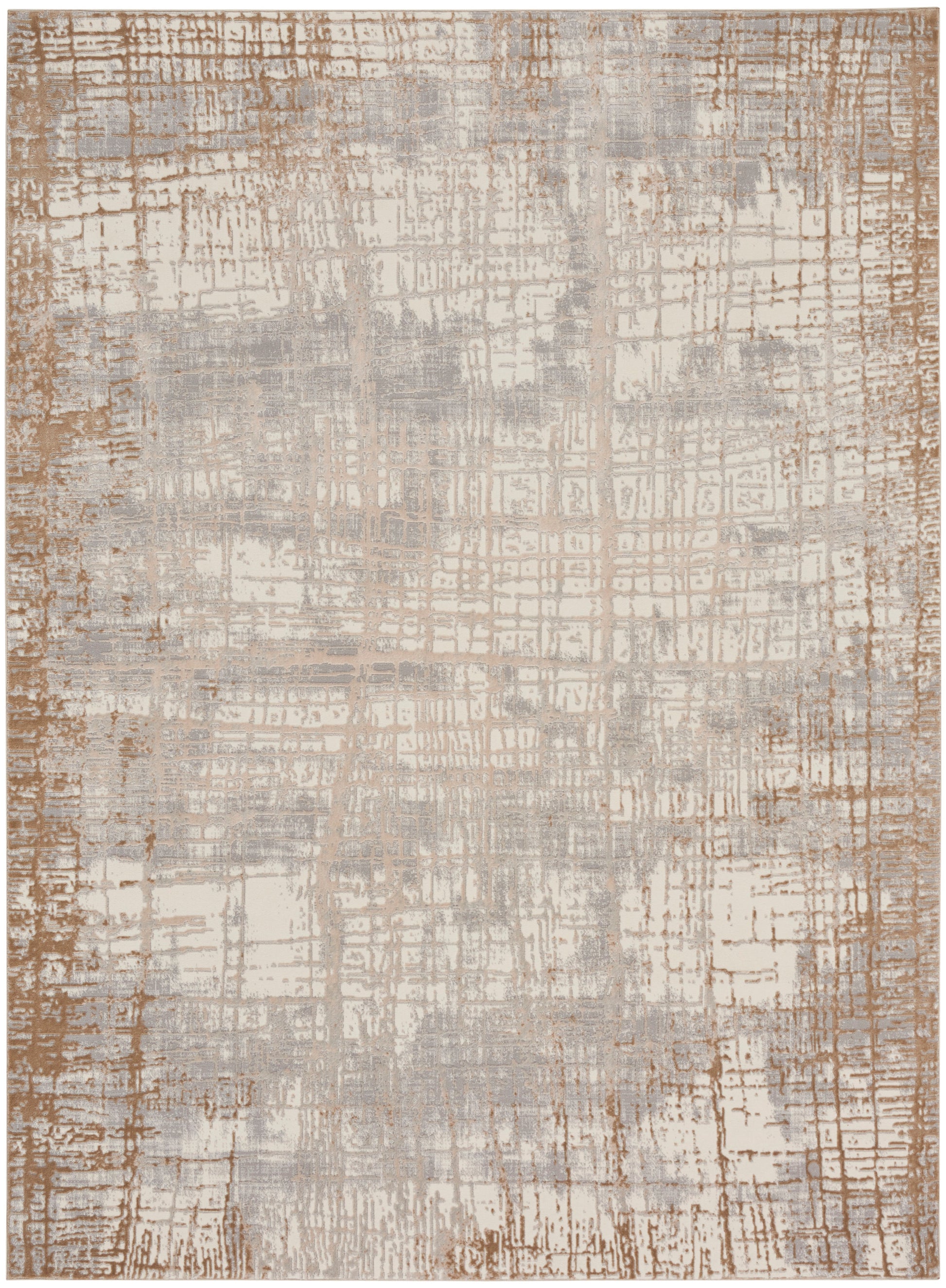 Abstract distressed grid rug in cream, taupe and tan; modern warm area rug.
