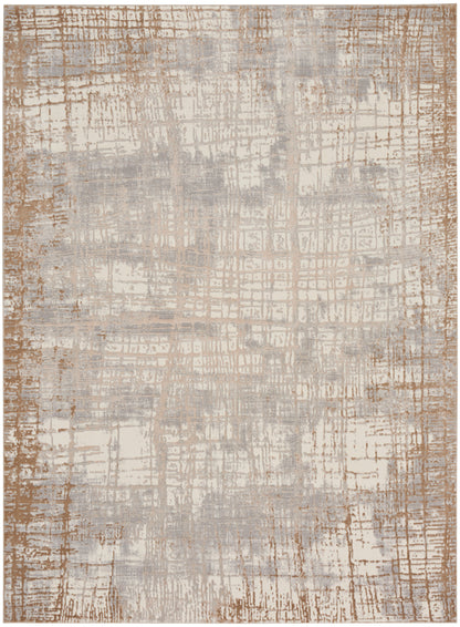 Abstract distressed grid rug in cream, taupe and tan; modern warm area rug.