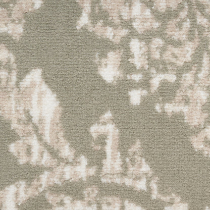 Taupe-beige area rug with cream abstract floral pattern & soft woven texture.