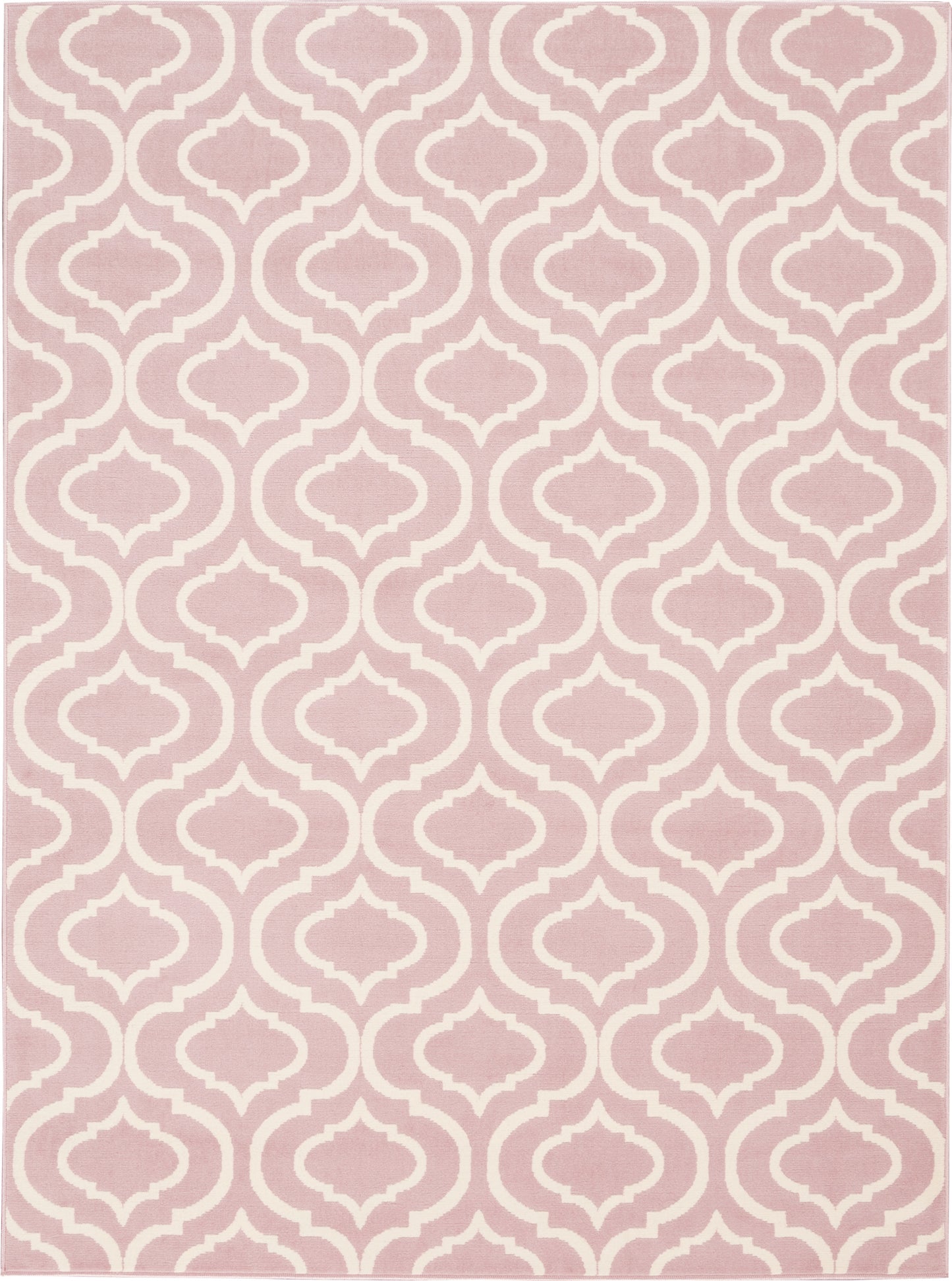 Dusty-pink rug with ivory arabesque trellis pattern; Moroccan-inspired geometric lattice.
