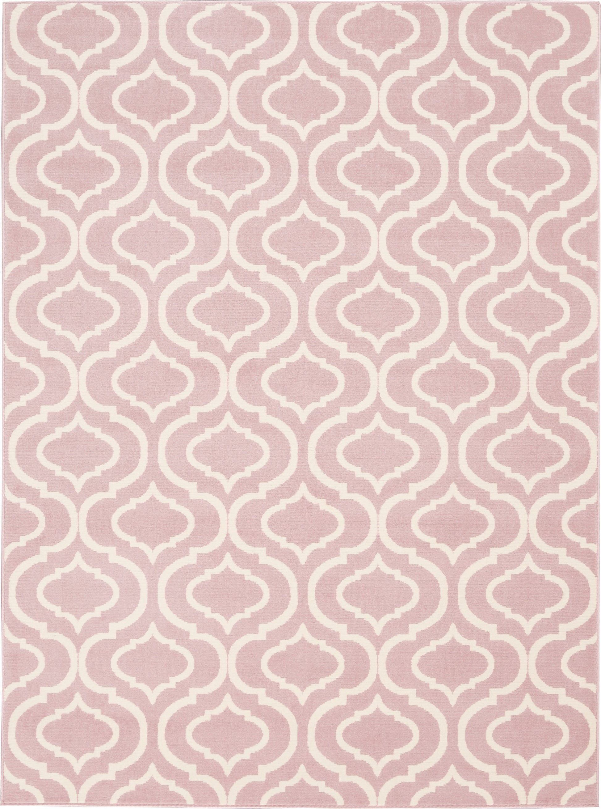 Dusty-pink rug with ivory arabesque trellis pattern; Moroccan-inspired geometric lattice.