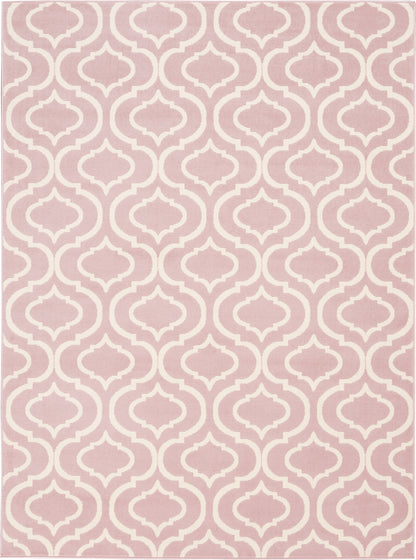 Dusty-pink rug with ivory arabesque trellis pattern; Moroccan-inspired geometric lattice.