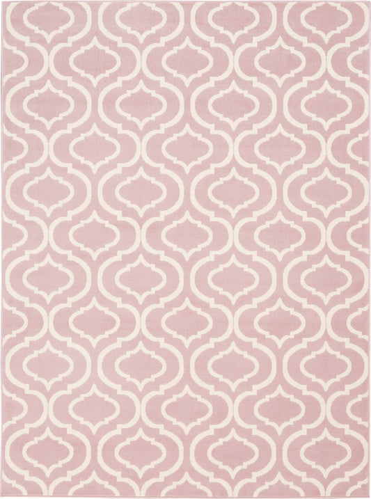 Dusty-pink rug with ivory arabesque trellis pattern; Moroccan-inspired geometric lattice.