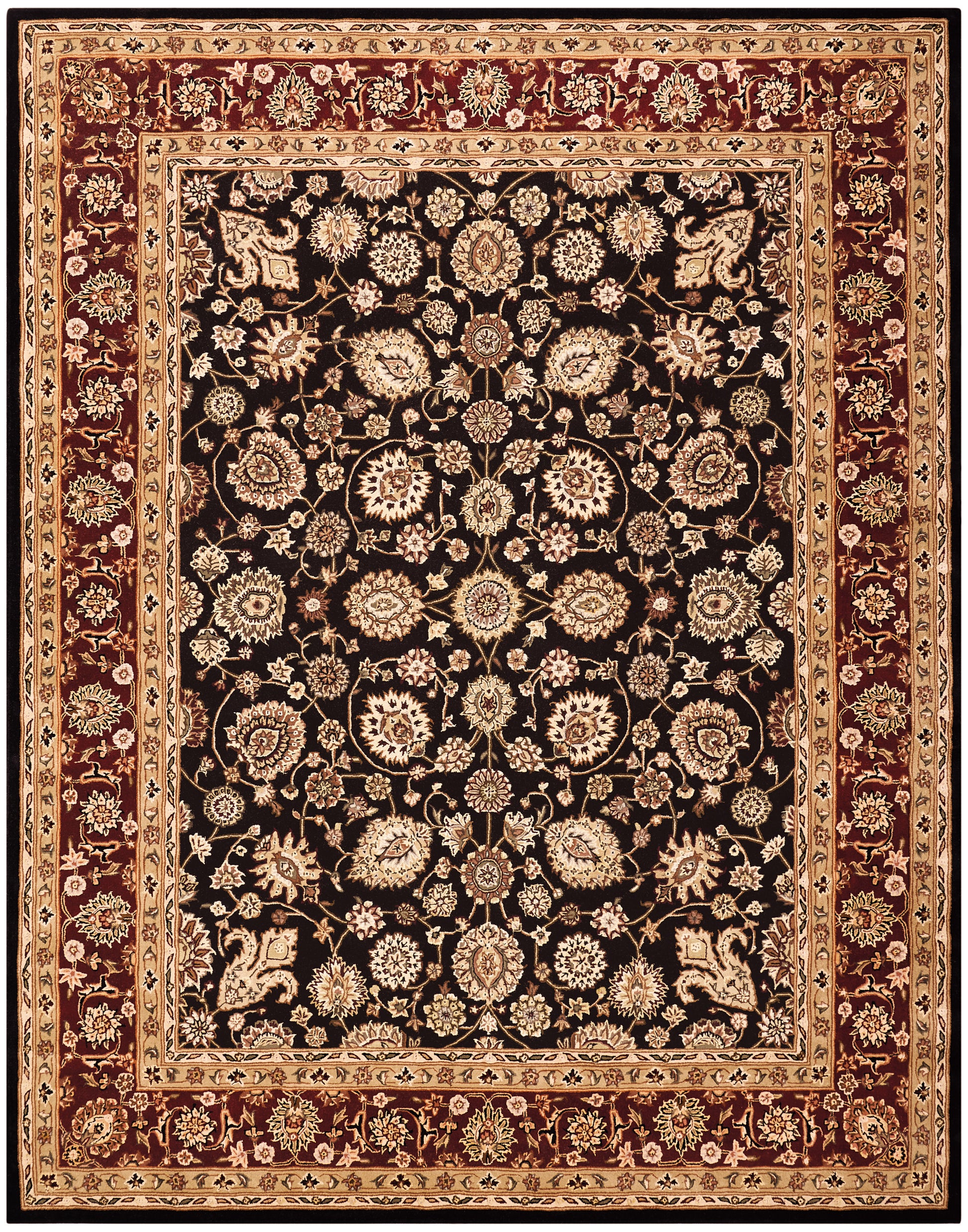 Black field oriental rug with cream-gold floral motifs and burgundy-beige borders.
