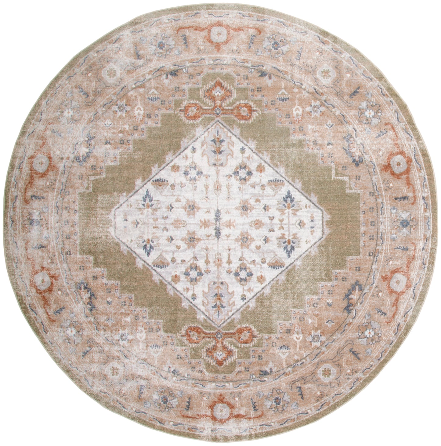Round vintage-style rug with ivory central diamond, olive surround, peach-beige floral border; distressed look.
