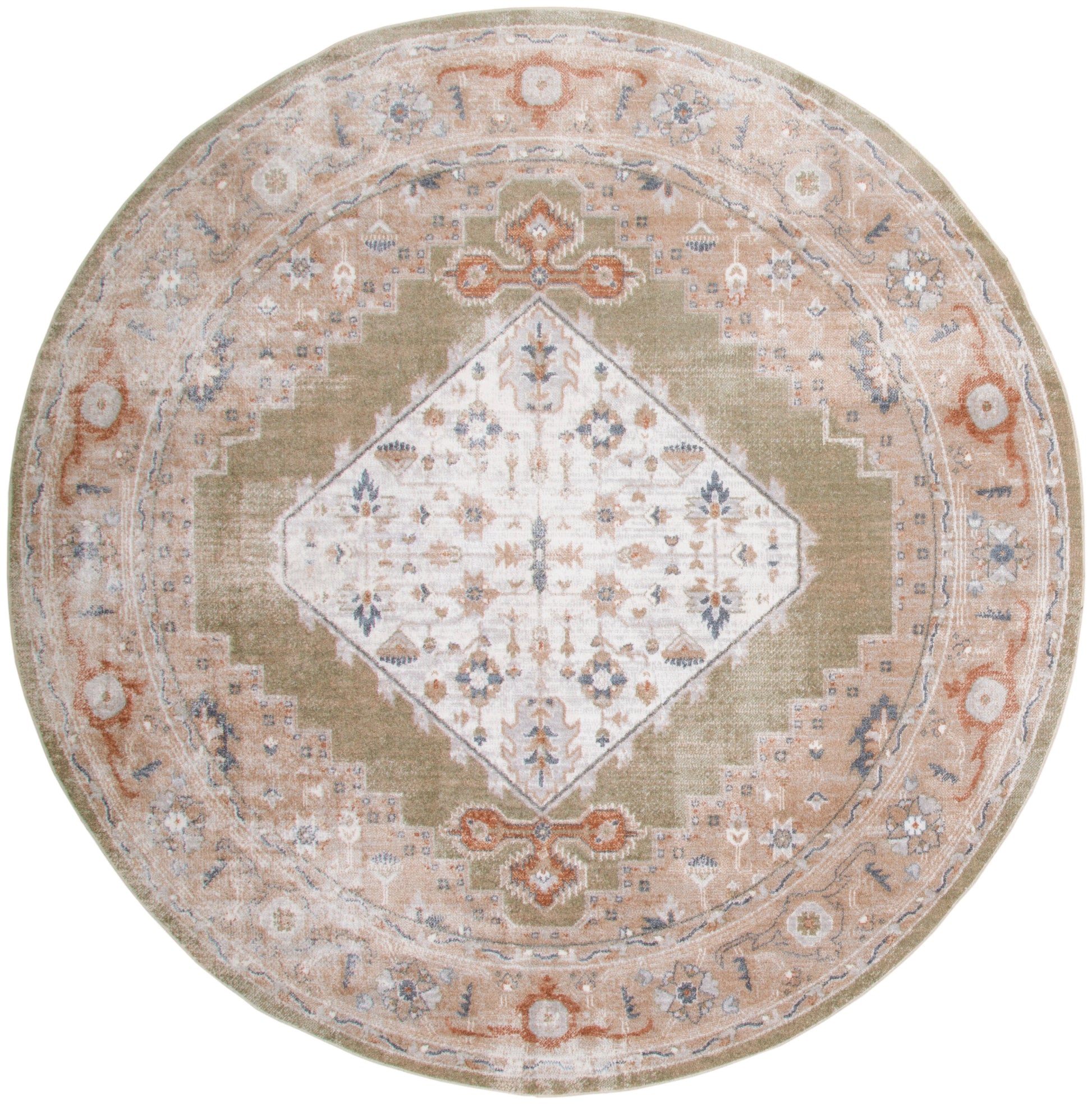 Round vintage-style rug with ivory central diamond, olive surround, peach-beige floral border; distressed look.