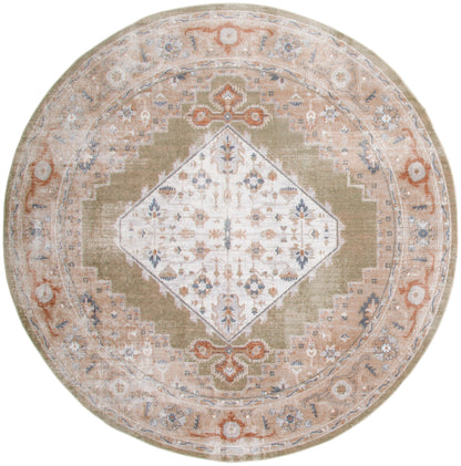 Round vintage-style rug with ivory central diamond, olive surround, peach-beige floral border; distressed look.