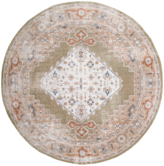 Round vintage-style rug with ivory central diamond, olive surround, peach-beige floral border; distressed look.