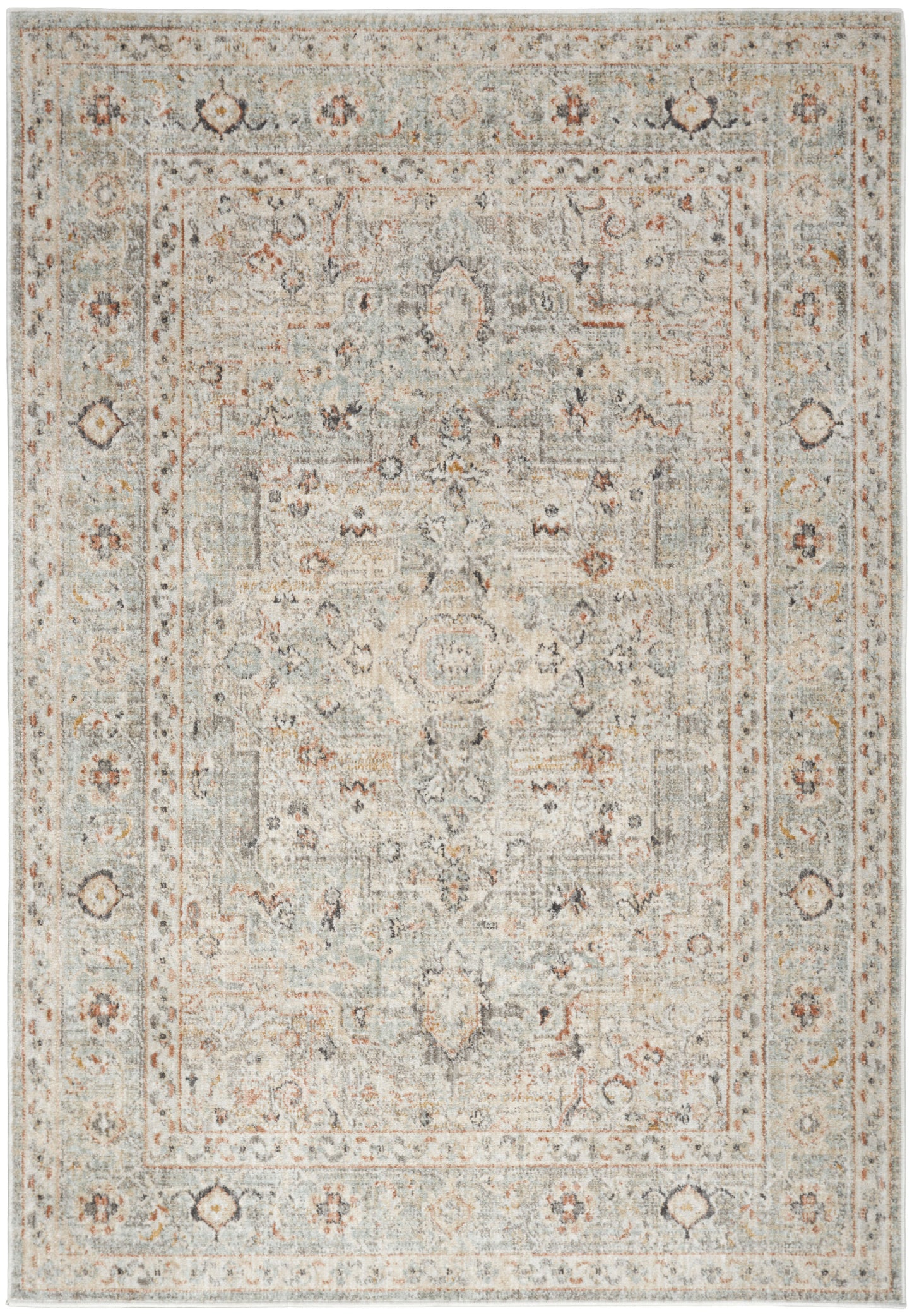 Distressed vintage-style area rug in soft gray-beige with pale blue and rust accents, floral medallion center and ornate border.