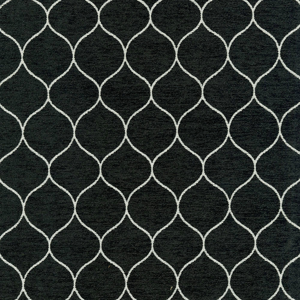 Dark charcoal Onyx fabric with a white curved quatrefoil lattice geometric pattern.