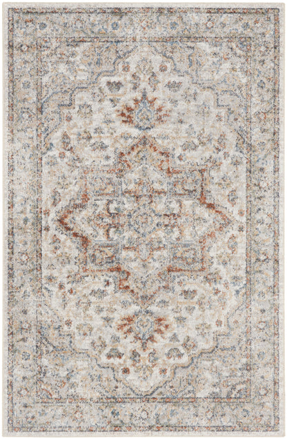 Rectangular Persian-style area rug with ivory-gray base and blue, rust distressed medallion motif.
