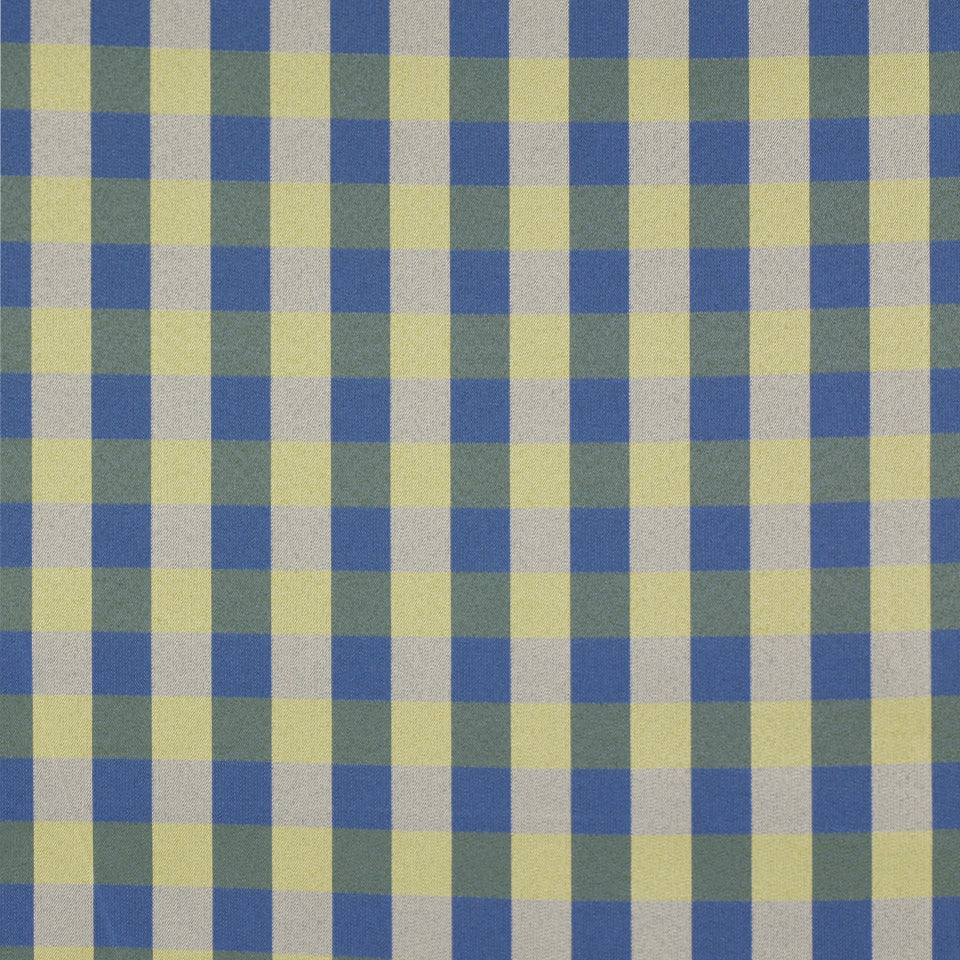 Blue and pale yellow gingham check fabric pattern with square grid texture.