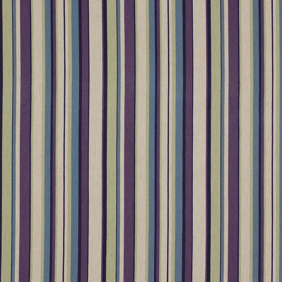 Vertical striped fabric pattern in purple, lavender, olive green, cream and blue-gray hues.