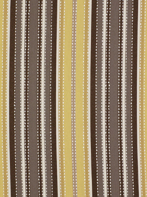 Vertical striped fabric in brown, olive-yellow, and cream with white dotted lines; retro upholstery pattern.