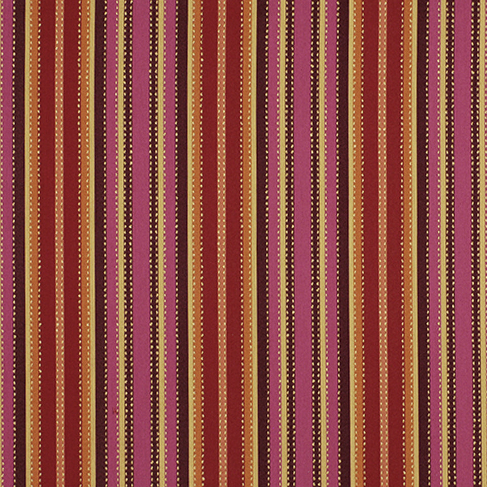 Multicolor striped fabric with narrow vertical red, orange, pink, purple and brown stripes and dotted accents.