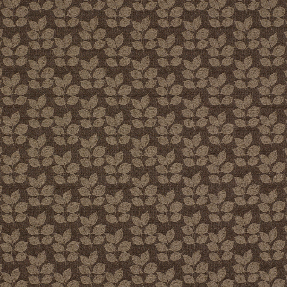 Dark brown fabric with repeating tan leaf motif; rustic botanical textile for upholstery or curtains.