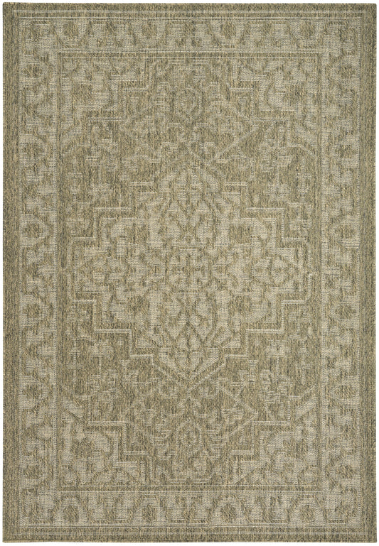 Neutral beige-gray outdoor rug with a distressed Persian-style pattern, central medallion and layered borders.