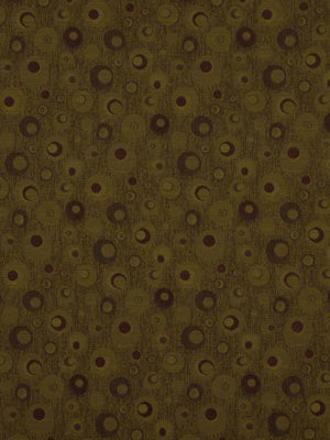Olive-brown textured fabric with repeating dark brown circle and ring motifs for upholstery or drapery.