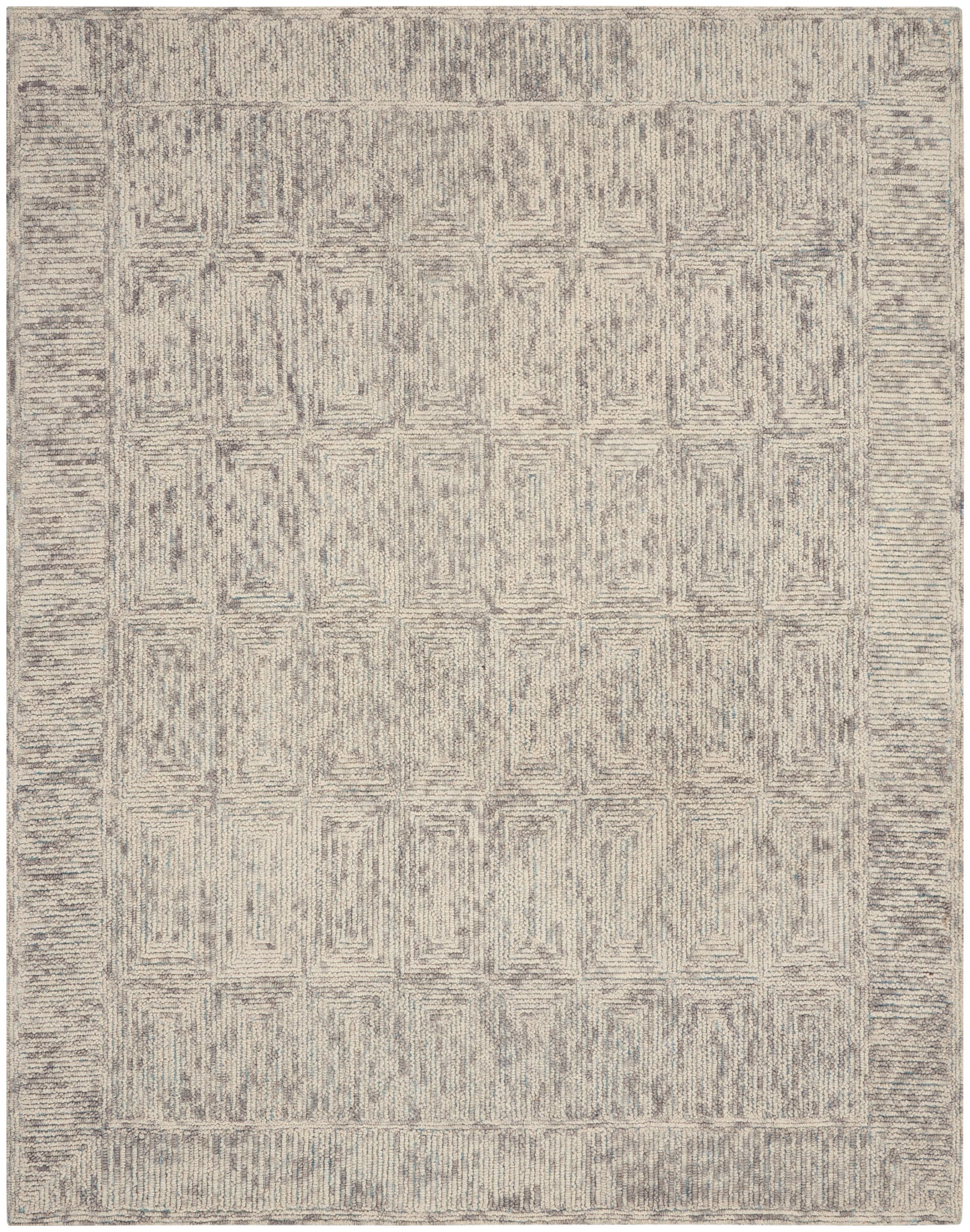 Beige-gray geometric area rug with a distressed square pattern and subtle border, rectangular living room rug.