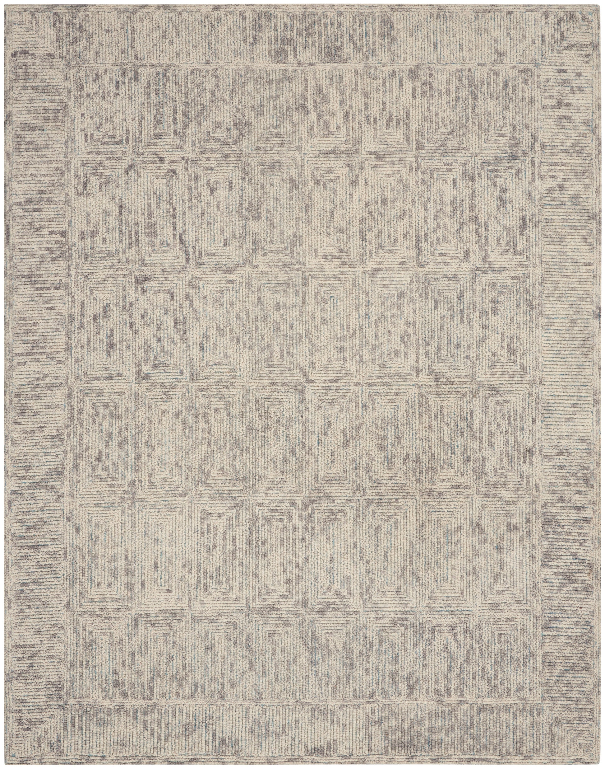 Beige-gray geometric area rug with a distressed square pattern and subtle border, rectangular living room rug.