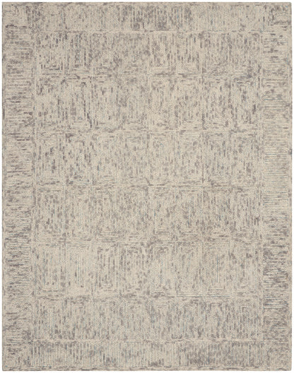 Beige-gray geometric area rug with a distressed square pattern and subtle border, rectangular living room rug.