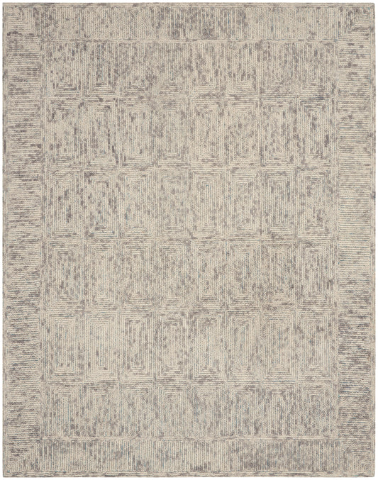 Beige-gray geometric area rug with a distressed square pattern and subtle border, rectangular living room rug.