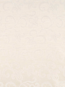 Cream damask fabric with a subtle scrolling floral pattern and soft texture for upholstery or curtains.