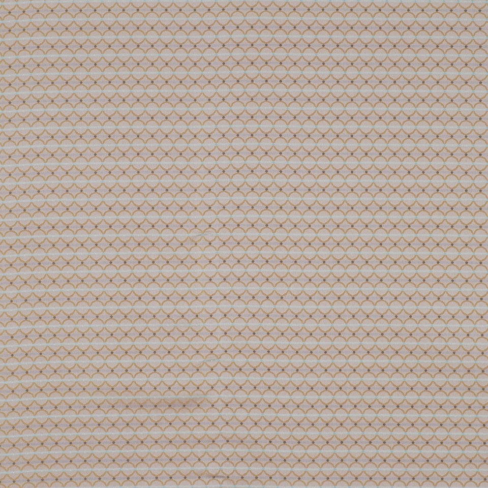 Beige woven fabric with a tiny orange diamond lattice and muted gray accents, geometric pattern.