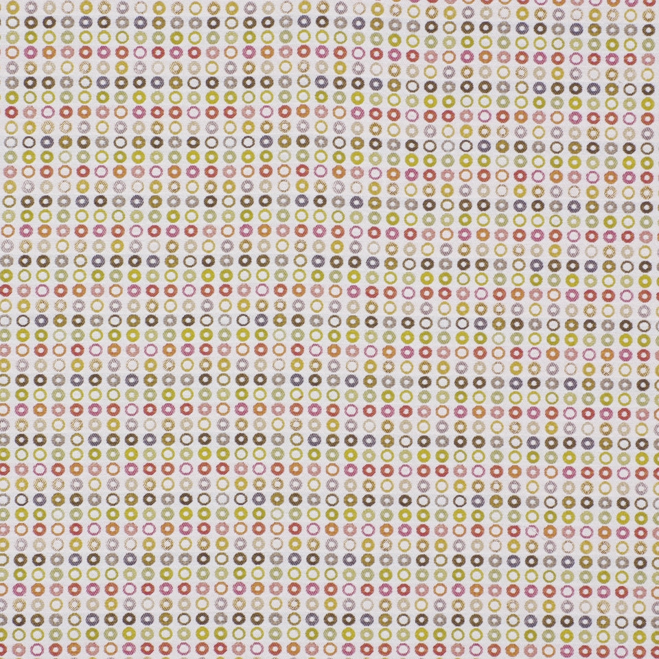 Cream fabric with a multicolored circular dot pattern in a tight grid; small ring-shaped dots in pink, yellow, gray and olive.