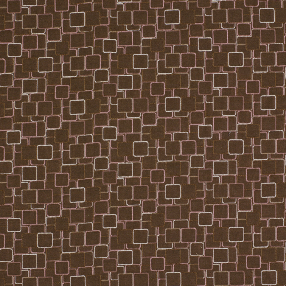 Brown fabric with a repeating pattern of light beige rounded-square outlines for a retro geometric look.