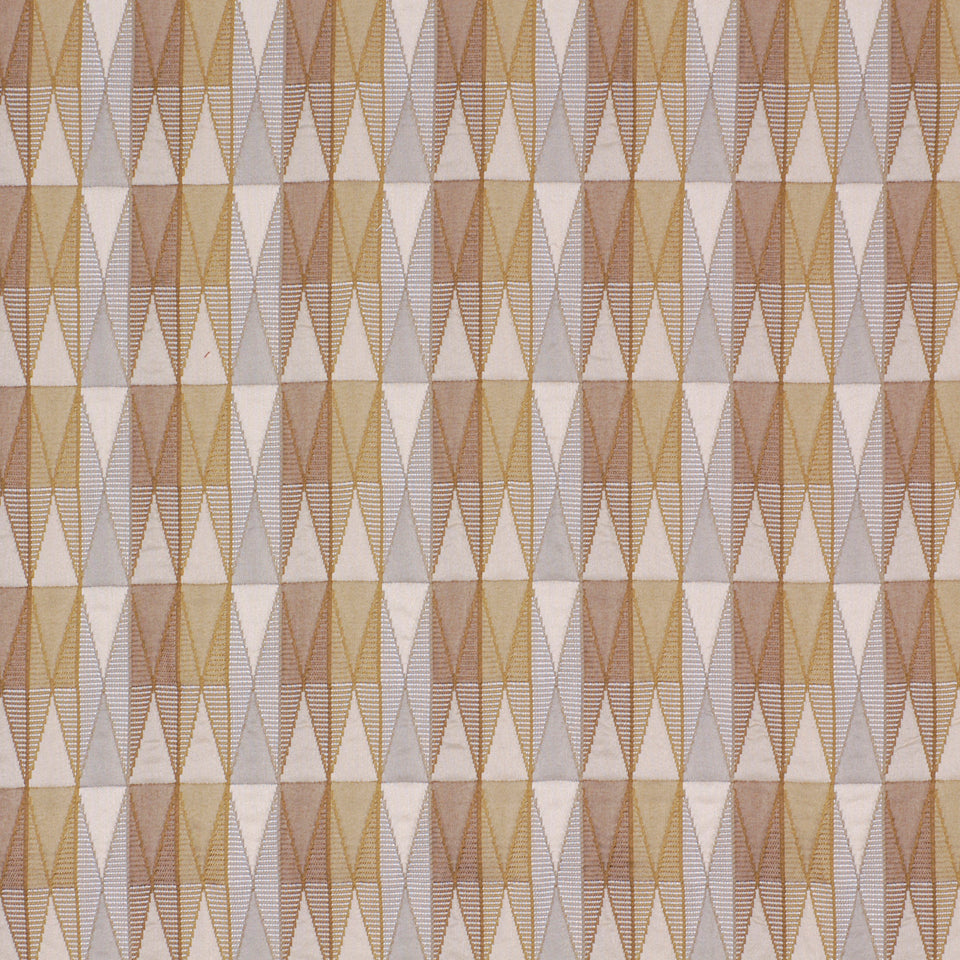 Geometric triangular diamond pattern in warm gold, tan and taupe on upholstery fabric.