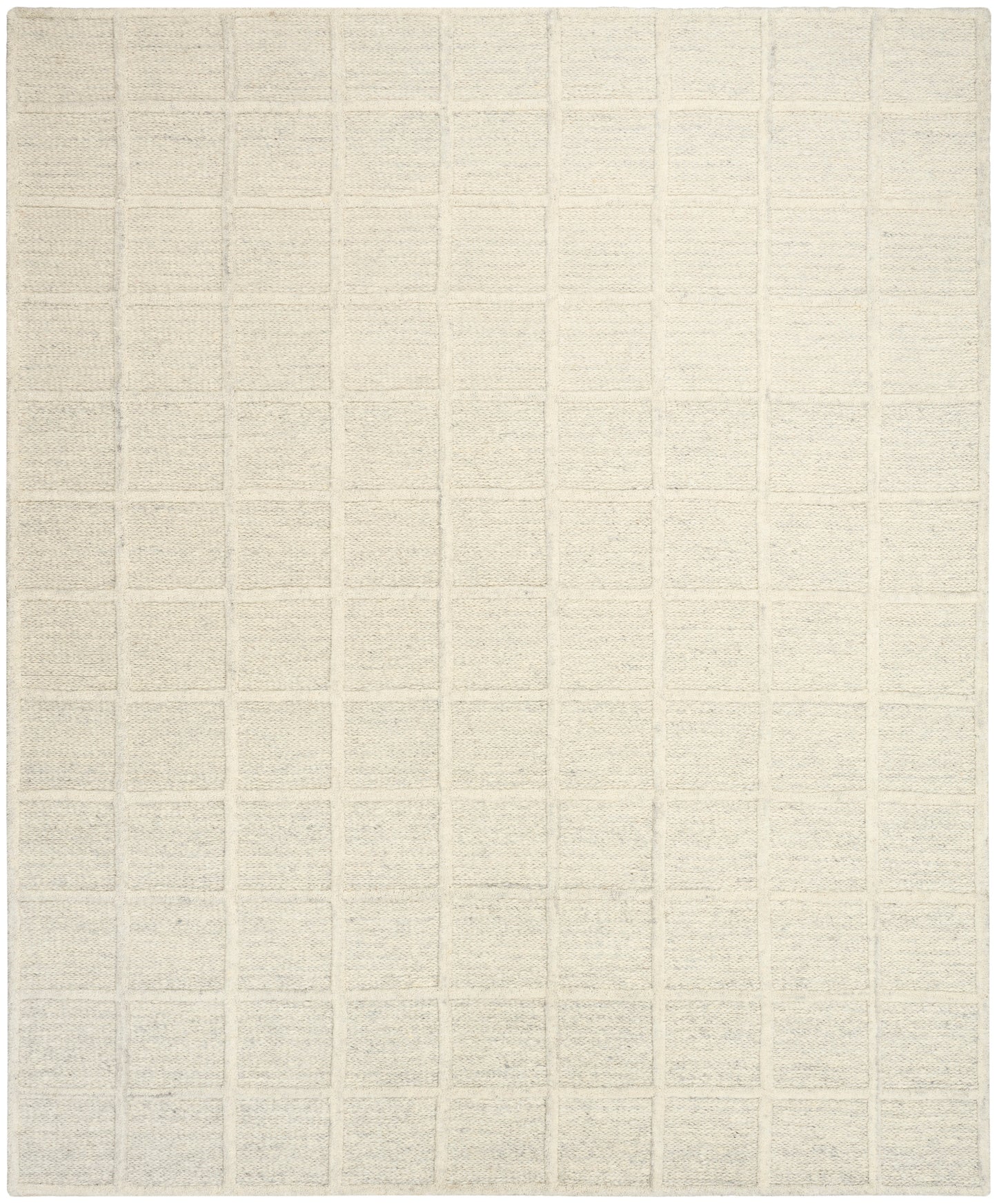 Cream textured rug featuring a subtle grid of raised squares in neutral beige; woven, rectangular decor.