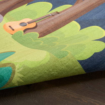 Colorful rug featuring forest leaves and small acoustic guitar illustration; lime greens, blues, browns.