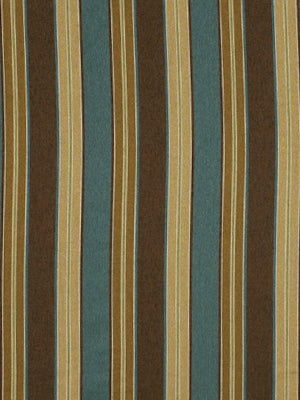 Vertical striped fabric in teal, brown and mustard with thin gold accents; suitable for upholstery or curtains.