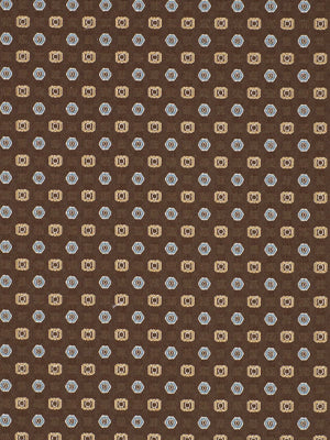 Brown fabric with a repeating beige circular emblem pattern; vintage geometric textile suitable for upholstery or fashion.