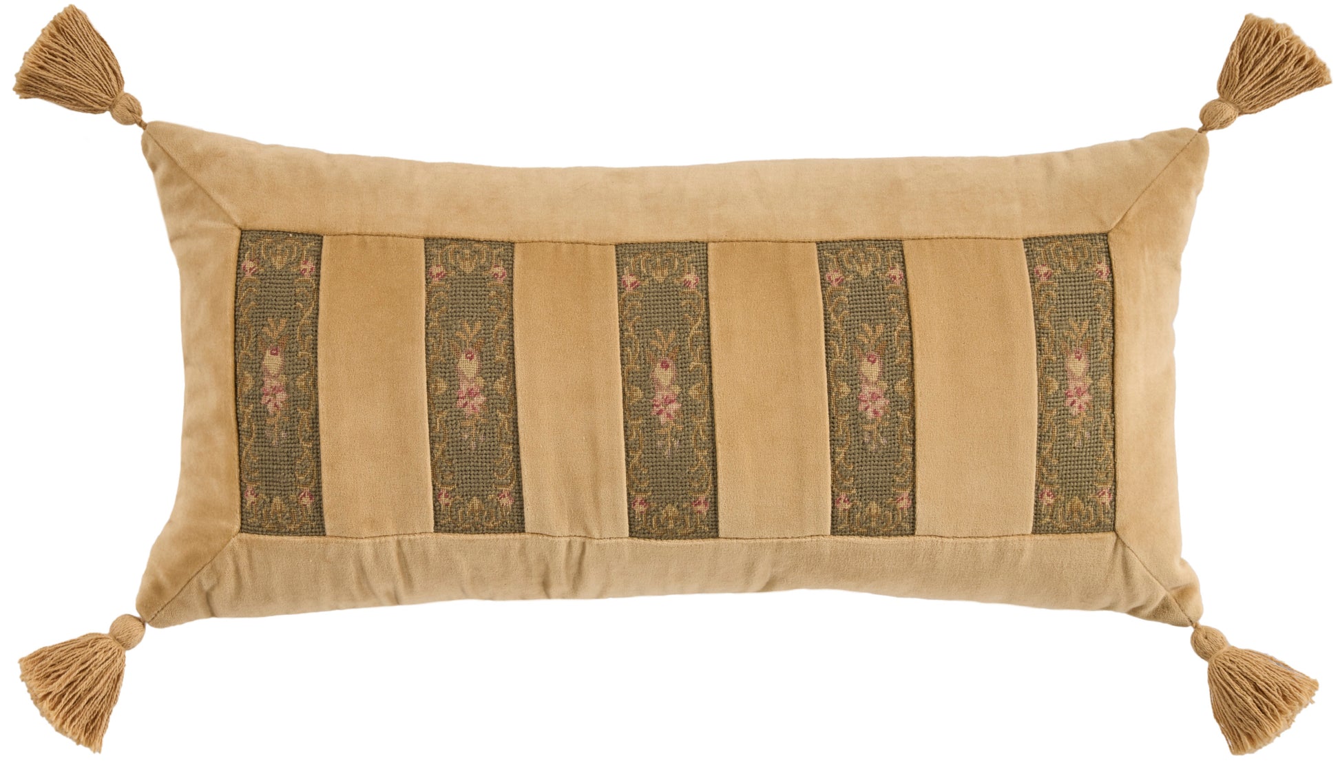 Beige rectangular decorative pillow with vertical dark floral panels and tassels at all four corners.