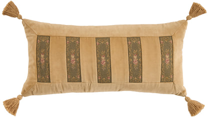 Beige rectangular decorative pillow with vertical dark floral panels and tassels at all four corners.