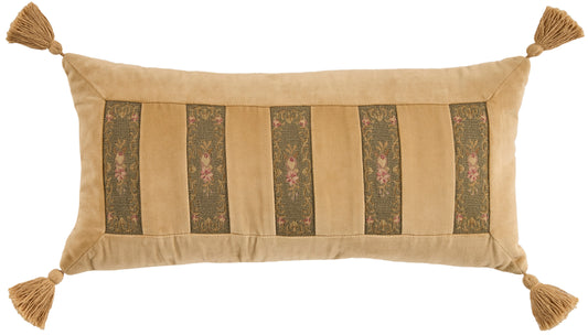 Beige rectangular decorative pillow with vertical dark floral panels and tassels at all four corners.