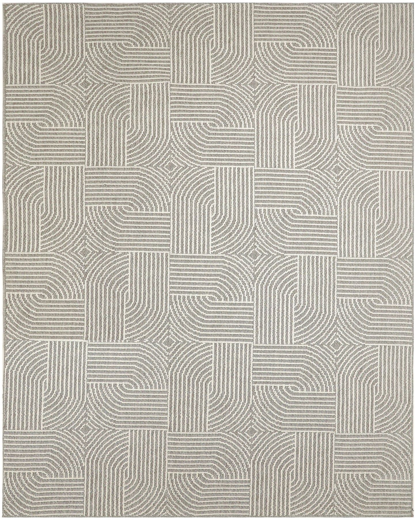 Beige and taupe area rug with repeating square blocks of curved striped lines, geometric modern style.