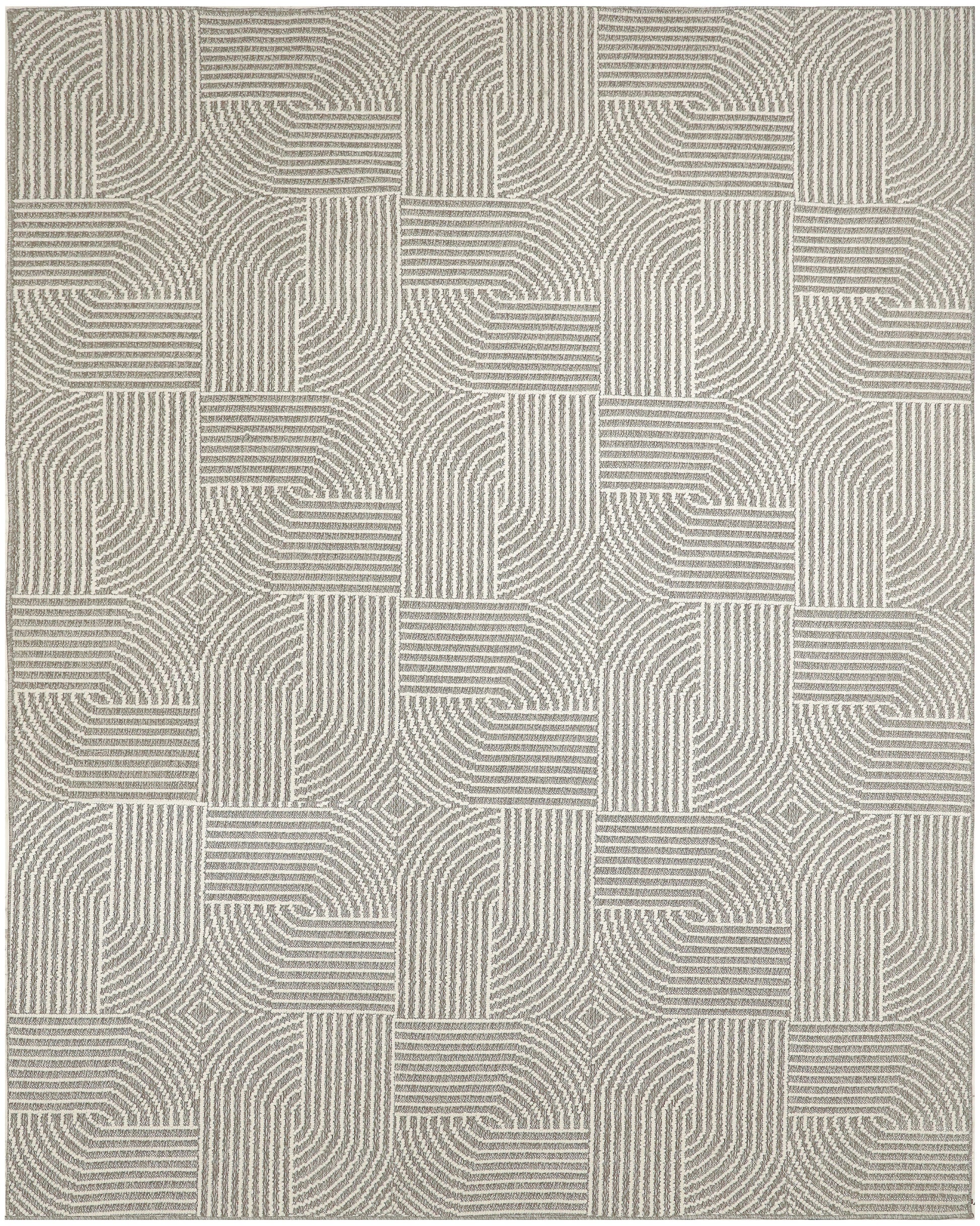 Beige and taupe area rug with repeating square blocks of curved striped lines, geometric modern style.