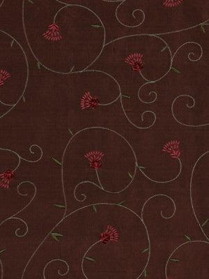 Plum multipurpose fabric featuring a scrolling floral pattern with red flowers and curling green vines.