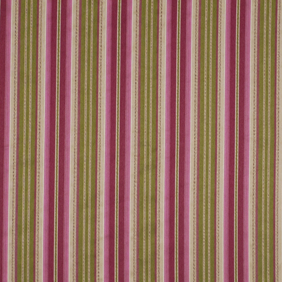 Vertical striped fabric in olive green, pink and beige with narrow accent lines.